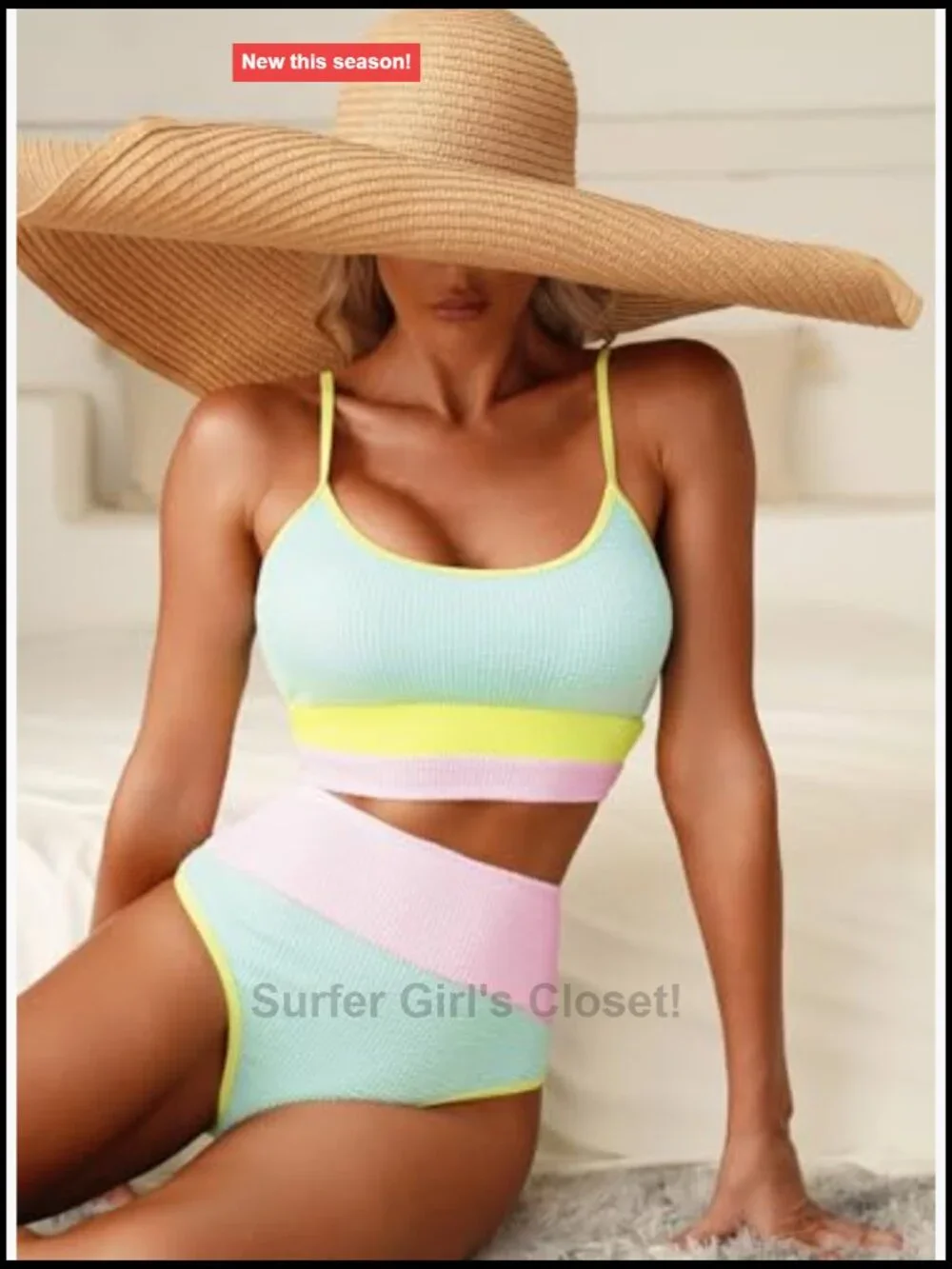 High Waisted Color Block Bikini Set Scrunch Ribbed Swim